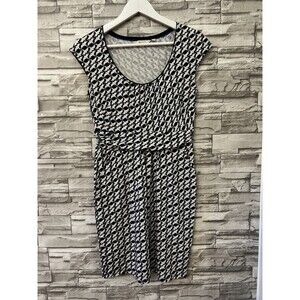 Boden Jersey Stretch Knee Length Dress Cap Sleeve Size 6P Navy Blue Bird Print